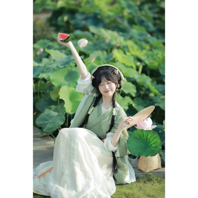种田文汉服女2024新款绿色荷花古装魏晋制交领襦裙仙气古风连衣裙