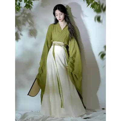 绿色汉服女款2024新款秋季上班穿魏晋风成人古装小个子广袖流仙裙