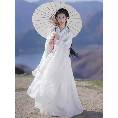 白色汉服女魏晋风上班穿直裾古装改良中国风广袖流仙裙小个子古风