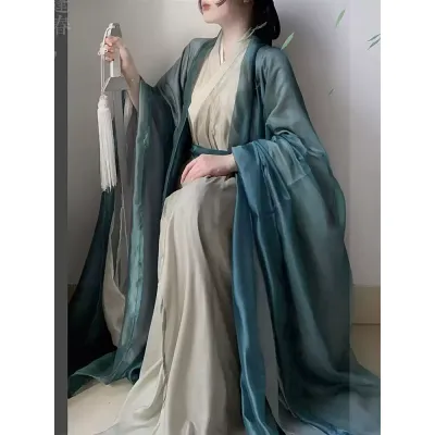 绿色汉服女成人直裾古装魏晋风2024新款秋季小个子改良广袖流仙裙