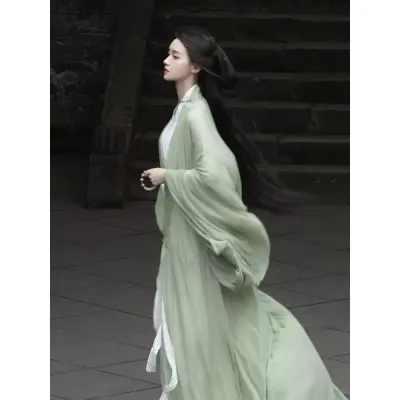 绿色直裾汉服女日常小个子古装魏晋风原创古风改良广袖流仙裙秋季