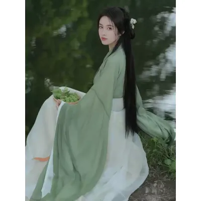 绿色汉服女魏晋风古装广袖流仙裙小个子中国风改良襦裙古风上班穿