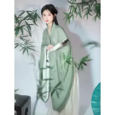 绿色汉服女款秋季魏晋风直裾古装广袖流仙裙改良襦裙古风2024新款