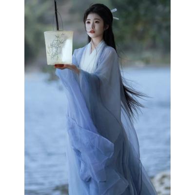 魏晋清冷风汉服女蓝色古装仙气飘飘古风广袖流仙惊鸿裙古筝演出服
