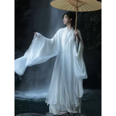 白色汉服女2024新款上班穿直裾魏晋风古装女小个子改良广袖流仙裙