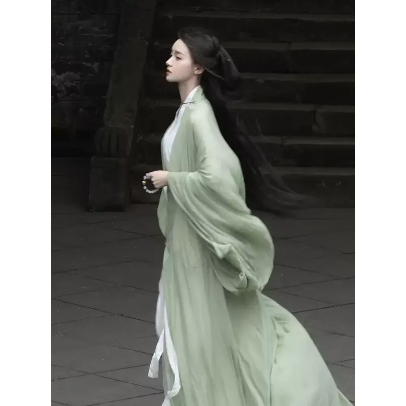 绿色直裾汉服女日常小个子古装魏晋风原创古风改良广袖流仙裙秋季