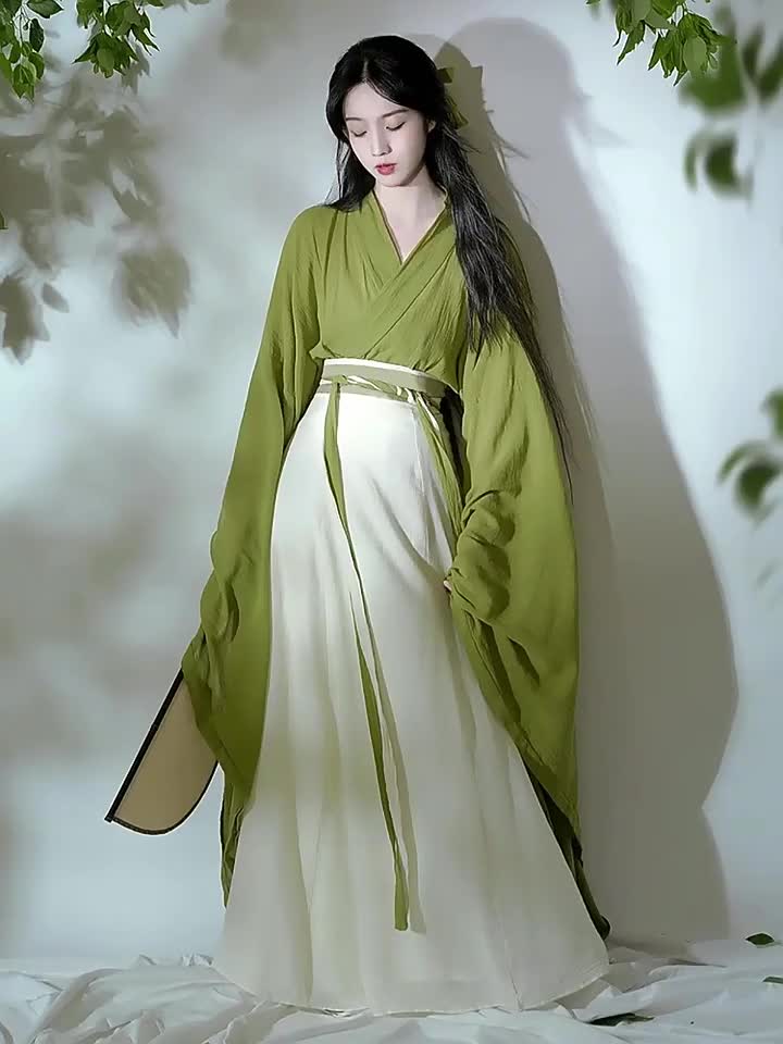 绿色汉服女款2024新款秋季上班穿魏晋风成人古装小个子广袖流仙裙