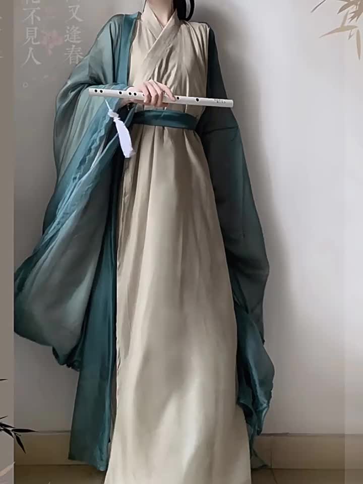 绿色汉服女成人直裾古装魏晋风2024新款秋季小个子改良广袖流仙裙